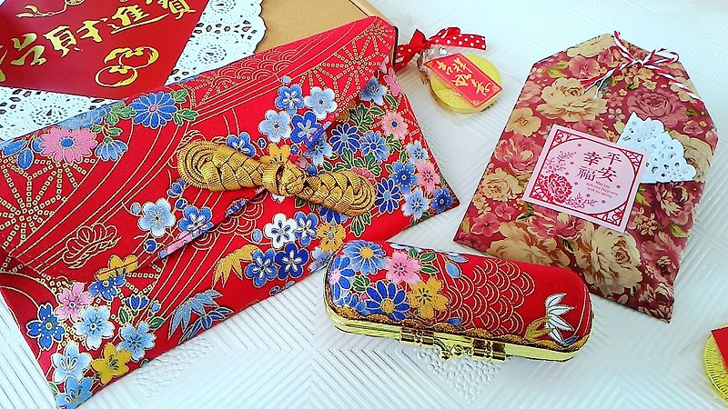 Flower stay gold red bag + seal box combination money mother bag / passbook bag - ถุงอั่งเปา/ตุ้ยเลี้ยง - ผ้าฝ้าย/ผ้าลินิน สีแดง