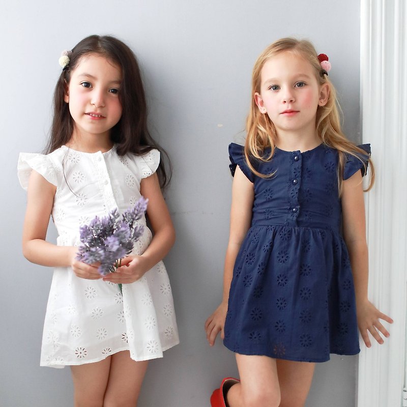 (小童洋裝) 100%純棉－鏤空刺繡蕾絲花邊洋裝 - 其他 - 棉．麻 