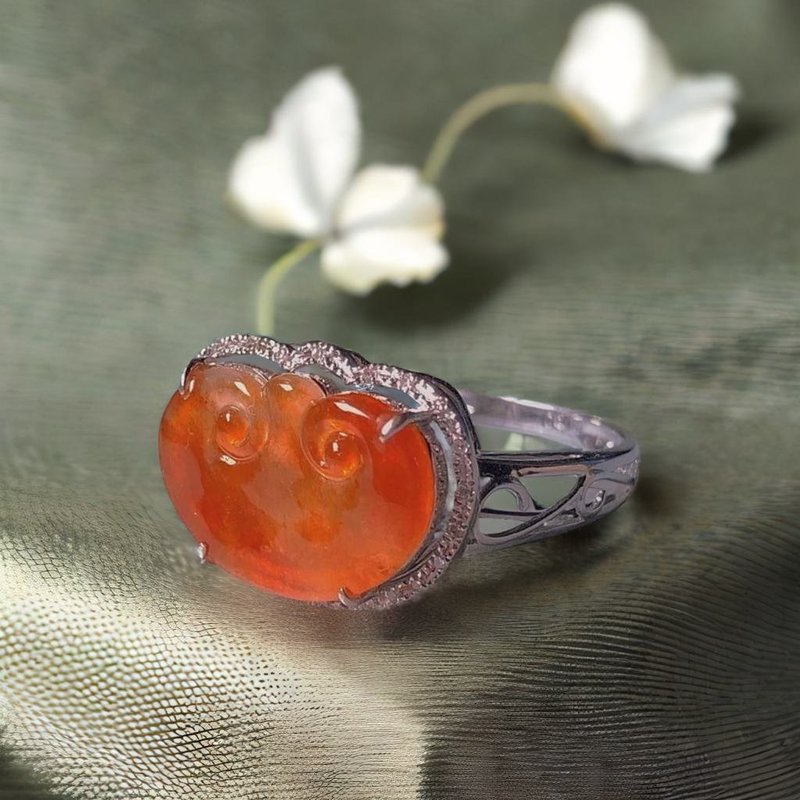 Ice red jade Ruyi ring 18K gold diamond | Natural Burmese jade A grade jade | Gift giving - แหวนทั่วไป - หยก สีแดง