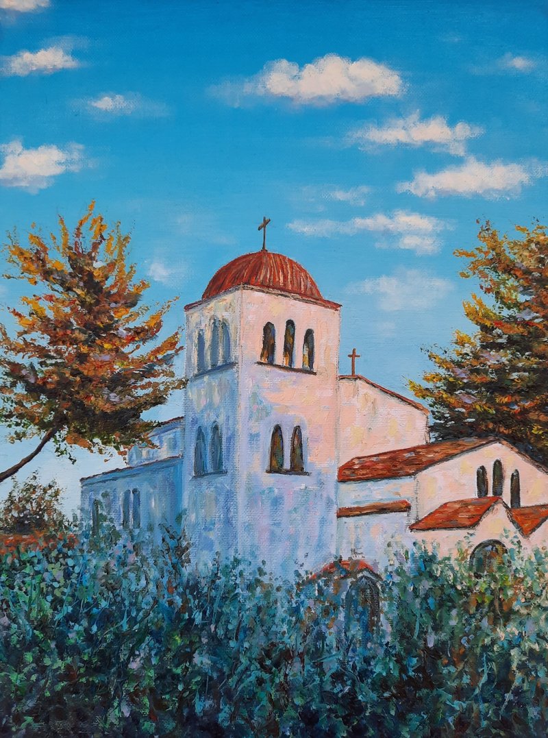 Greece original oil painting, Orthodox church wall art, Halkidiki home decor - ตกแต่งผนัง - วัสดุอีโค หลากหลายสี