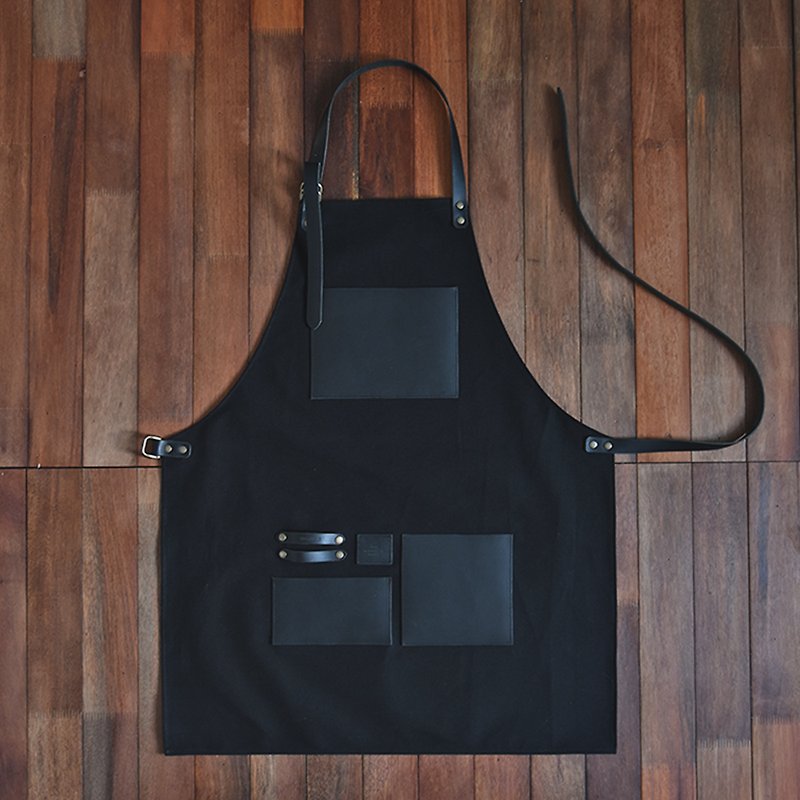 【From Seoul】 Leather work apron (black) - ผ้ากันเปื้อน - หนังแท้ สีดำ