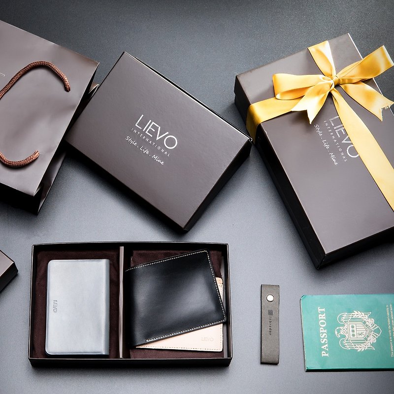 【LIEVO】SHOW - Business Card Holder_Fog Ink Gray+GRACE - Water Wax Leather Short Clip - Wallets - Genuine Leather Multicolor