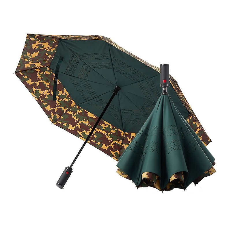 Beautiful and durable [reverse umbrella - camouflage surface with green bottom] reverse rain gathering, wind and splash-proof large umbrella that closes instantly in one second - ร่ม - วัสดุกันนำ้ สีเขียว
