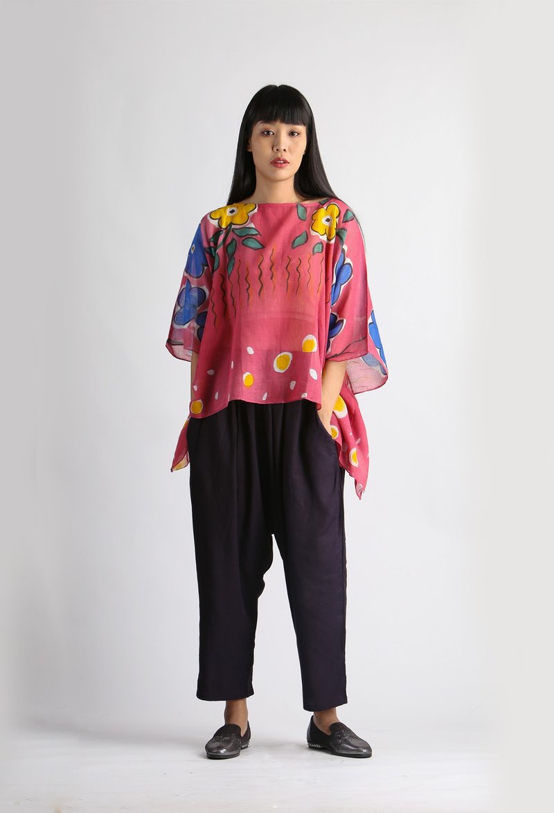 Poncho Cotton Rayon Blouse Hand paint For Summer Beach Vacat - 女上衣/長袖上衣 - 棉．麻 紅色