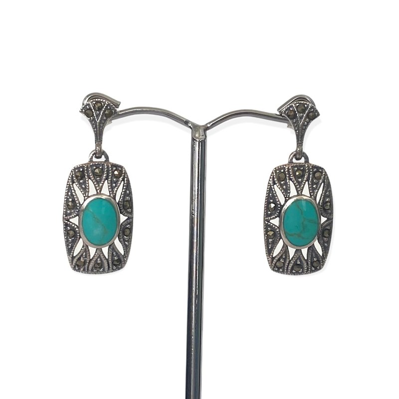 Art Deco Style Square Drop Earrings/Set Turquoise&Marcasite 925 Sterling Silver - ต่างหู - เงินแท้ สีเขียว