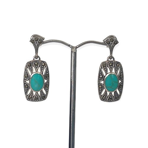 alisadesigns Art Deco Style Square Drop Earrings/Set Turquoise&Marcasite 925 Sterling Silver