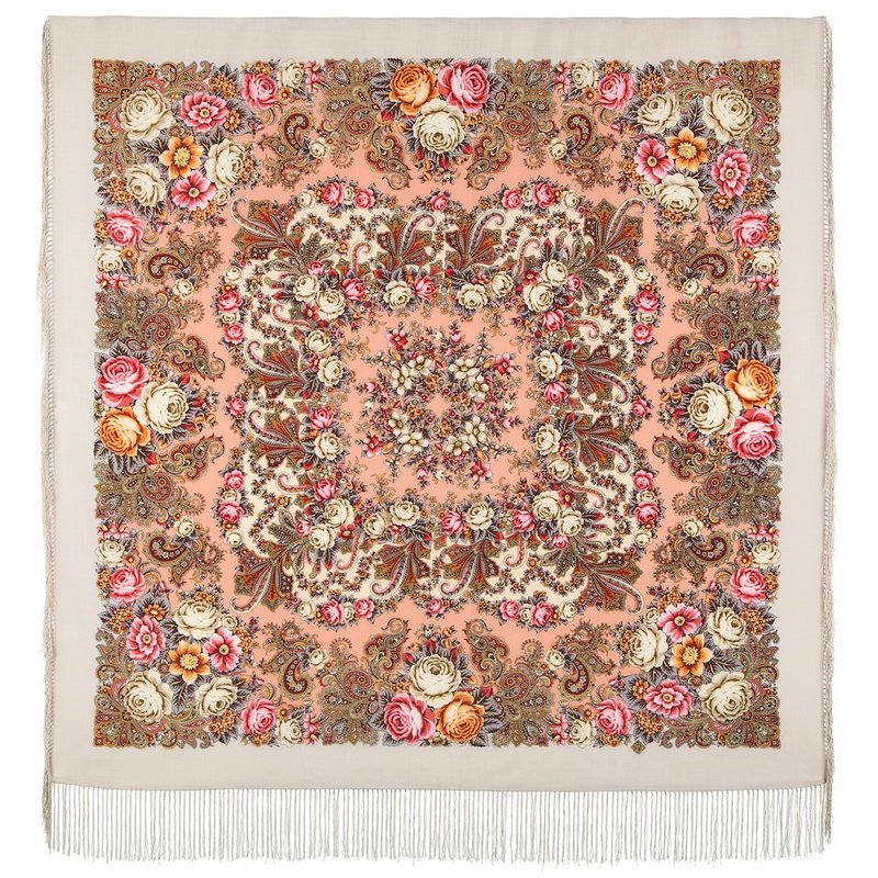 Pavlovo Posad Russian Shawl 100% Wool Scarf 125x125 cm Wrap Silk Fringe 1824-2 - 圍巾/披肩 - 羊毛 多色