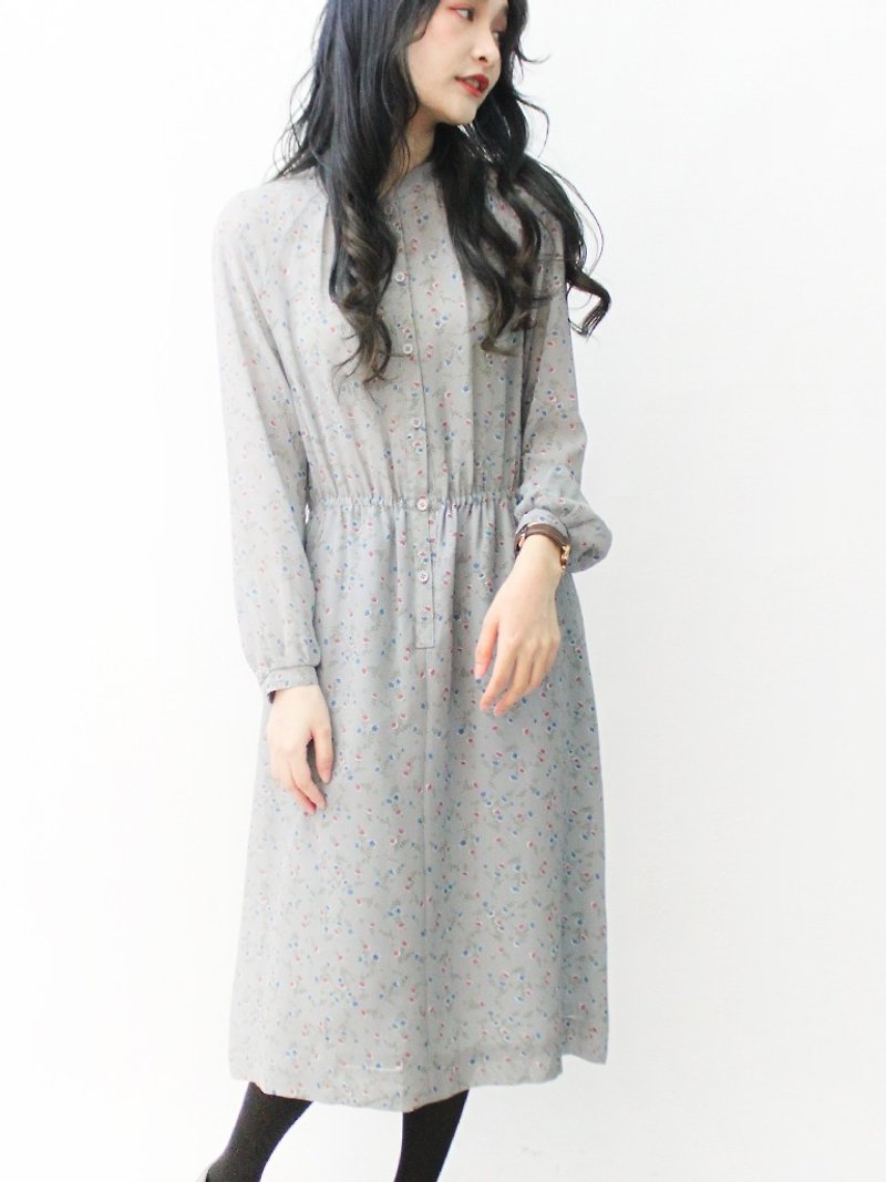 Japanese-style vintage gray-blue floral long-sleeved vintage dress vintage dress - ชุดเดรส - เส้นใยสังเคราะห์ สีเทา