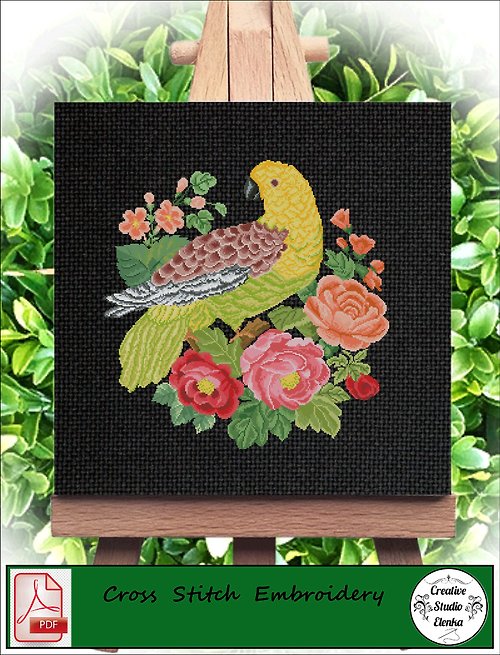 CreativeStudioElenka Vintage Cross Stitch Scheme Wavy parrot - PDF Embroidery Scheme