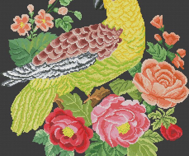 Vintage Cross Stitch Scheme Wavy parrot - PDF Embroidery Scheme 