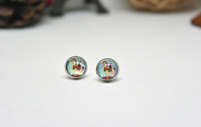 Time Gemstone X Stainless Steel Pin Earrings ＊Merry-go-round ＊ #快乐# - Earrings & Clip-ons - Other Metals Blue