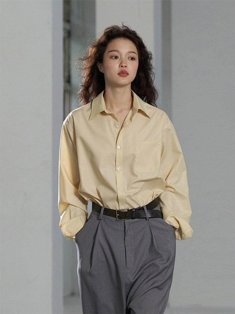 Niche French long-sleeved loose shirt, Japanese imported fabric - เสื้อเชิ้ตผู้หญิง - วัสดุอื่นๆ สีเหลือง