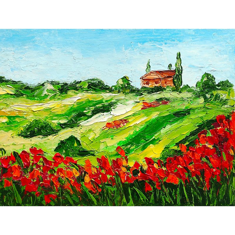 Tuscany Landscape Original Painting, Poppies Flowers Wall Art, Field Art, 手工油畫 - โปสเตอร์ - วัสดุอื่นๆ หลากหลายสี