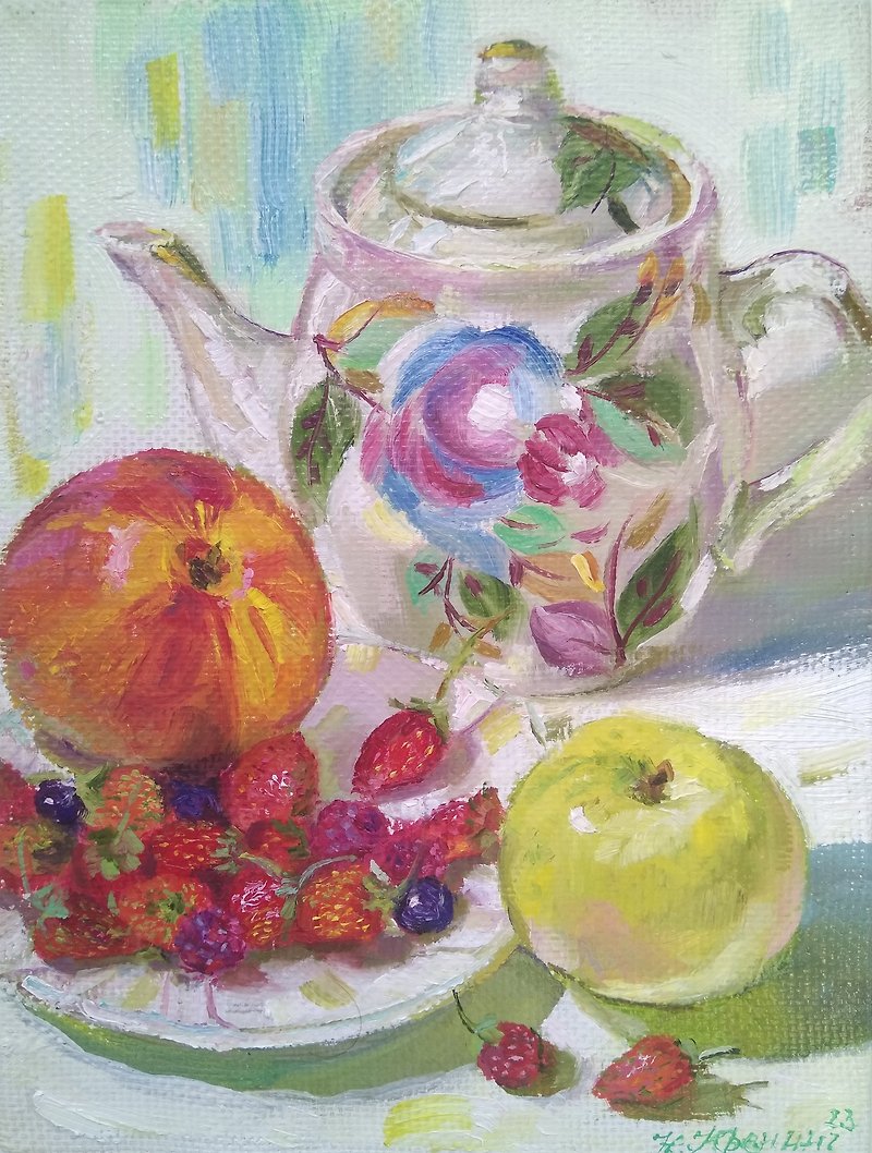 Teapot Still life, Fruits Original Oil Painting, Fine Art Tea Time, 原創油畫 - ตกแต่งผนัง - วัสดุอื่นๆ หลากหลายสี