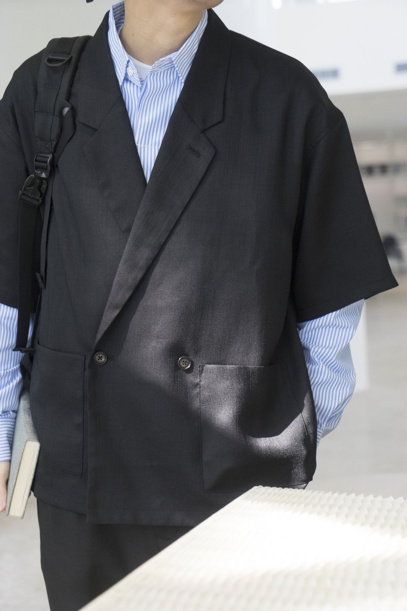 Suit 誠意推薦 日系潮流寬鬆雙排扣短袖休閒西裝襯衫外套 Blazer - 男襯衫/休閒襯衫 - 聚酯纖維 黑色