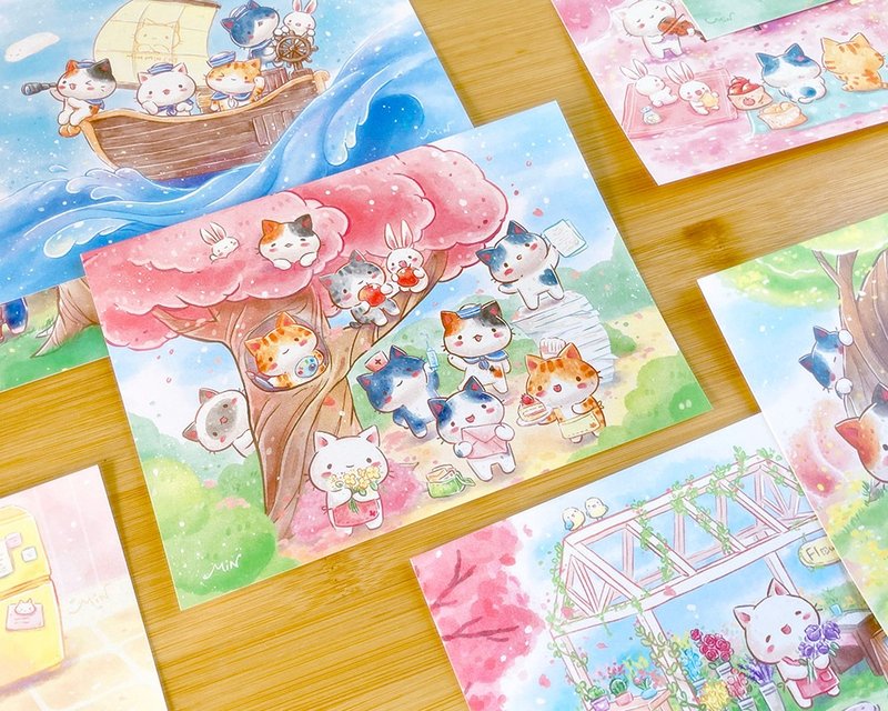 秘密貓 小村系列 水彩風 插畫明信片  (共13款) - 卡片/明信片 - 紙 多色