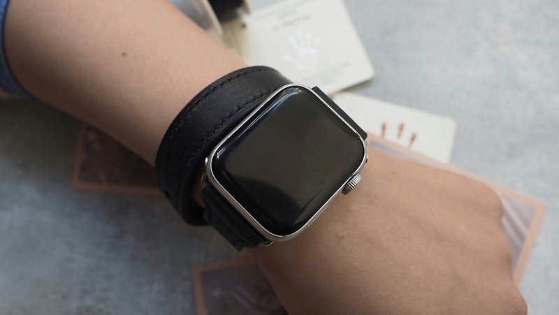 純手工牛皮愛馬仕雙圈款蘋果AppleWatch錶帶 客製化刻字禮物 訂製 - 錶帶 - 真皮 多色