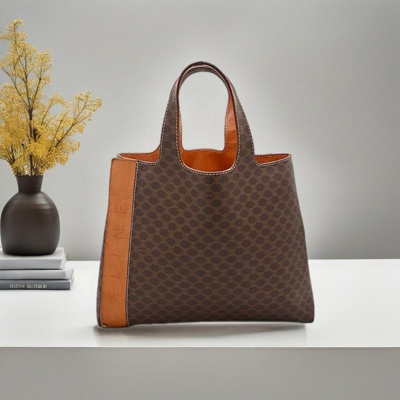 【LA LUNE】Rare second-hand Celine brown brown leather tote bag large handle bag - Handbags & Totes - Genuine Leather Brown