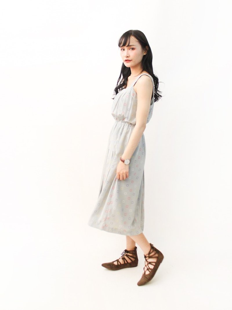 Retro Simple Gray Blue Square Print Thin Shoulder Strap Sleeveless Vintage Dress Vintage Dress - One Piece Dresses - Polyester Gray