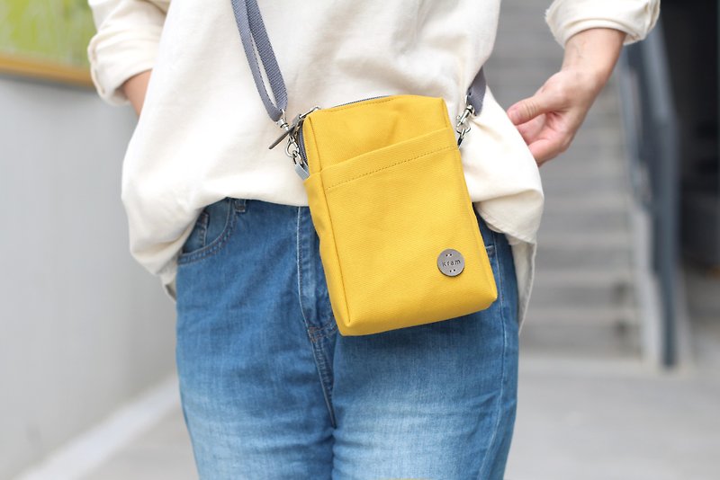 Square small bag/side bag/crossbody bag Japanese canvas-warm yellow - กระเป๋าแมสเซนเจอร์ - ผ้าฝ้าย/ผ้าลินิน สีเหลือง