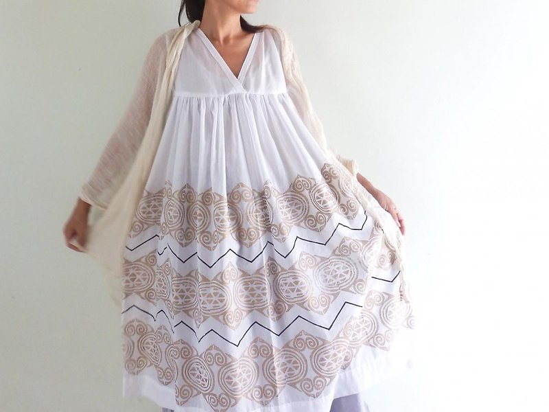 Block print white dress - ชุดเดรส - ผ้าฝ้าย/ผ้าลินิน ขาว