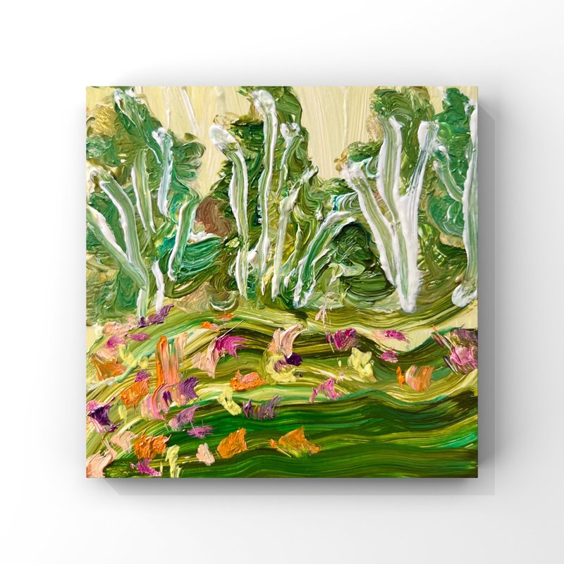 Wildflowers meadow original oil painting abstract landscape art trees and flower - 海報/掛畫/掛布 - 其他材質 多色
