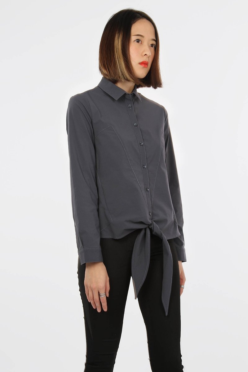 Tailored hem collar tied reflective shirt - Women's Shirts - Polyester Gray