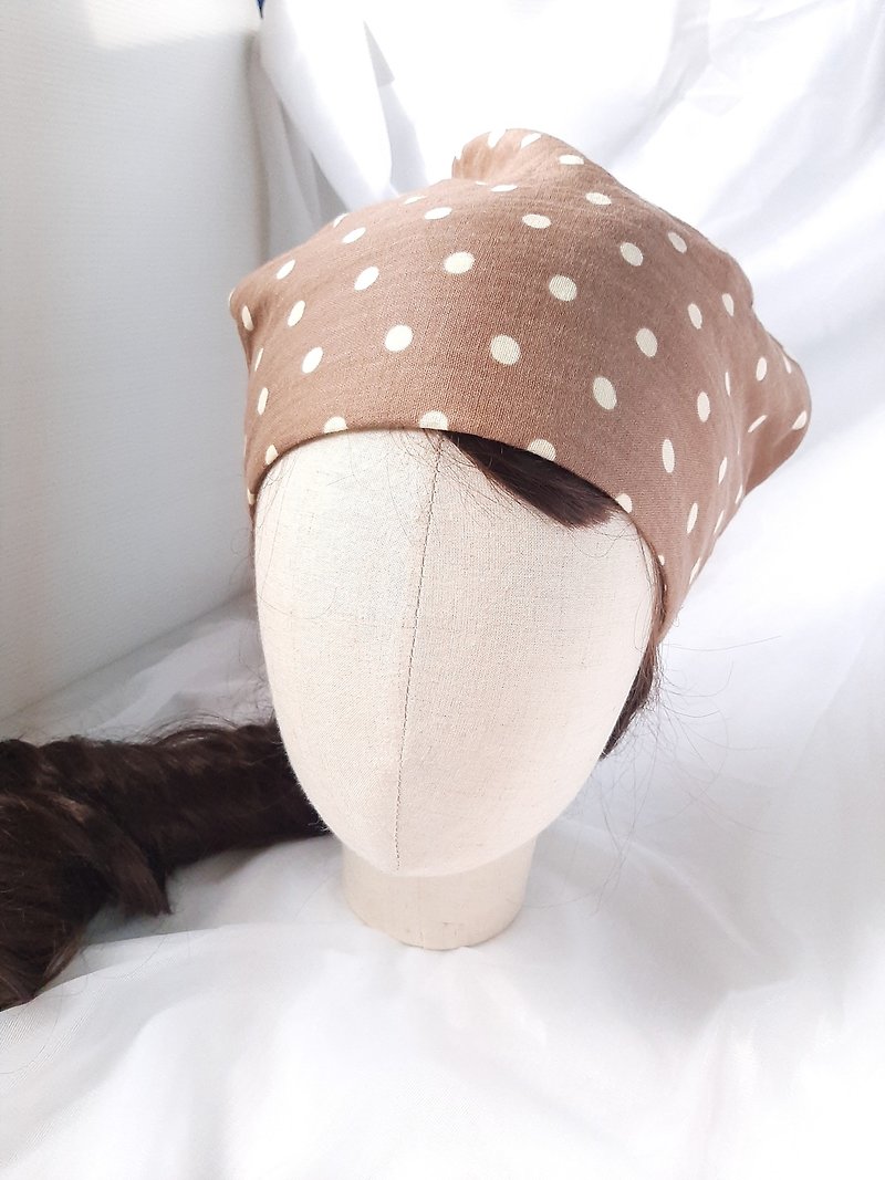 Brown polka dot double yarn turban hat - หมวก - ผ้าฝ้าย/ผ้าลินิน สีนำ้ตาล