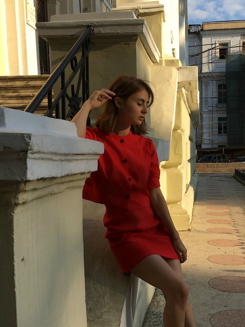 Red linen suit women/ Elegant linen two pieces suit/ Blazer and skirt linen set - 洋裝/連身裙 - 亞麻 紅色