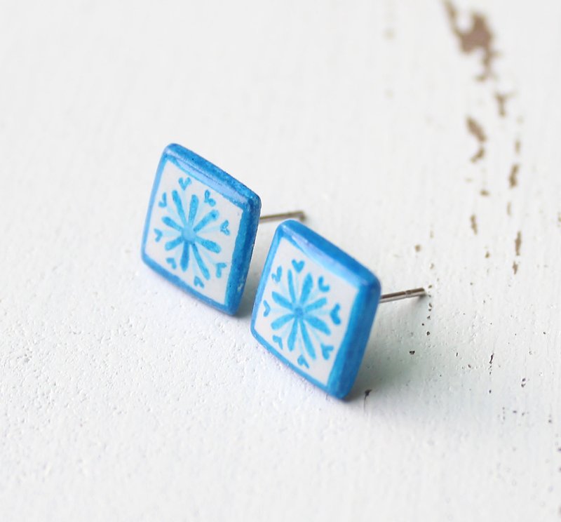 Flower bricks earrings / geometric / square - Earrings & Clip-ons - Clay Blue