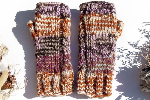 omhandmade 手織純羊毛針織手套/露趾手套/內刷毛手套/保暖手套-北歐漸層彩虹