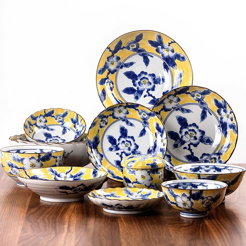 Japan's Sanfeng yellow-colored peony bowl soup bowl ceramic noodle bowl rice bowl plate Japanese tableware set household bowl - จานและถาด - เครื่องลายคราม 