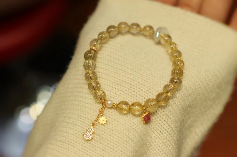 Original natural golden rutilated crystal bracelet with pearl tourmaline 925 Silver gourd to attract wealth and ward off evil spirits, simple and elegant gift - Bracelets - Crystal 