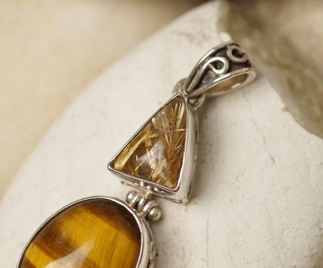 Gold Rutile Quartz and Tiger Eye Pendant Top - Gemstone Pendant