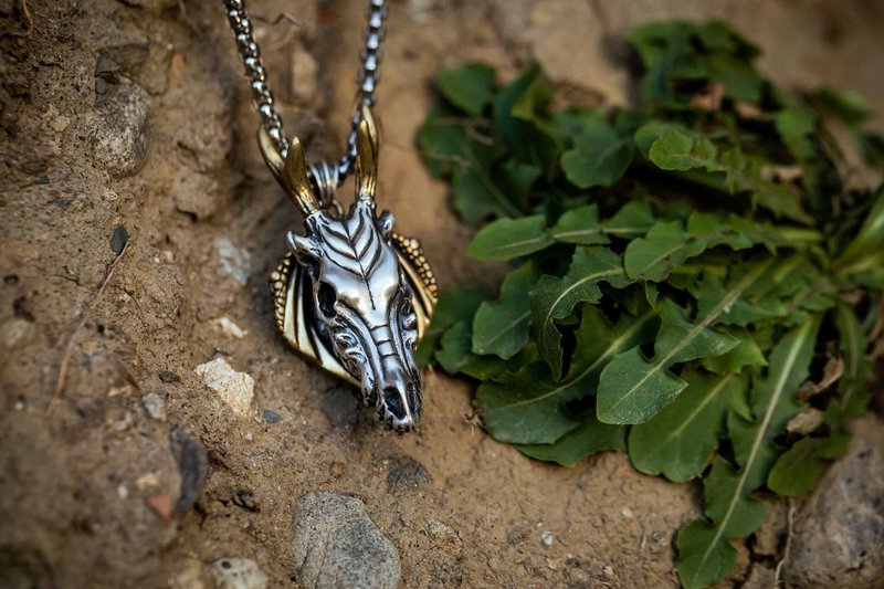 JK silver jewelry wasteland dragon fern animal bone 925 sterling silver pendant - สร้อยคอ - เงินแท้ ขาว