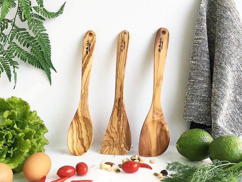 Olive wooden shovel - cooking three groups with a spatula - Cookware - Wood Yellow