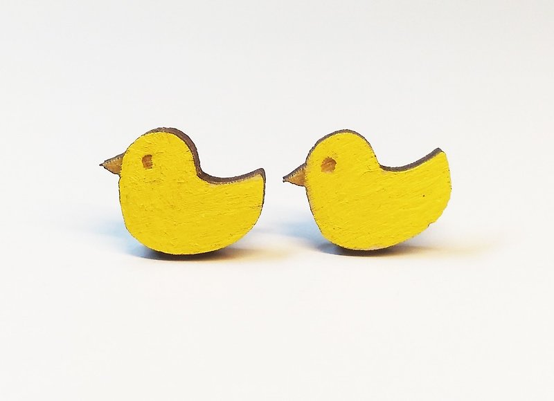 【黃色小鴨】彩色貼式木耳環 - 耳環/耳夾 - 木頭 