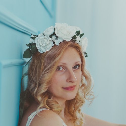 LepotaAccessories White flowers woman headpiece Fairy crown Rustic wedding headband Boho Bridal