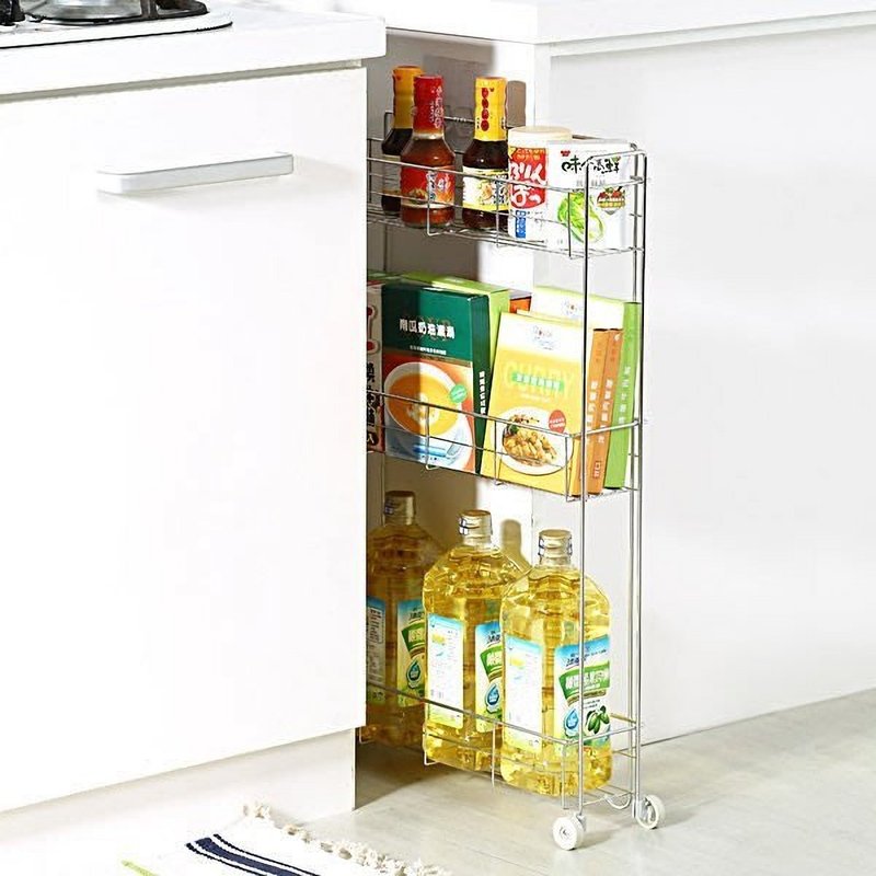 不鏽鋼小隙縫架　廚房架　附輪置物架　角落架　瓶罐架　收納架 - 層架/置物架/置物籃 - 不鏽鋼 銀色