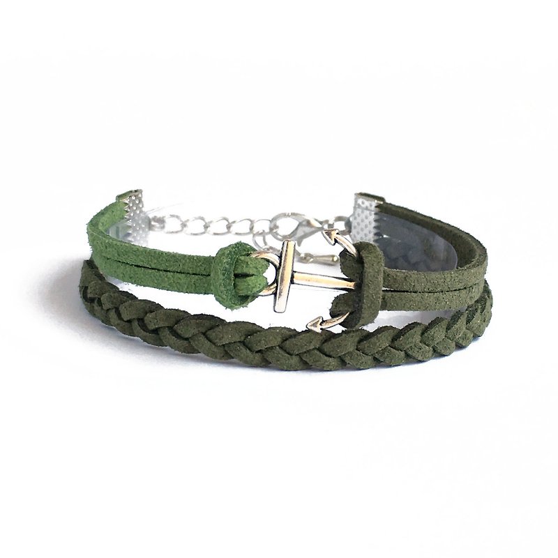 Handmade Double Braided Anchor Bracelets –dark green limited - สร้อยข้อมือ - วัสดุอื่นๆ สีเขียว