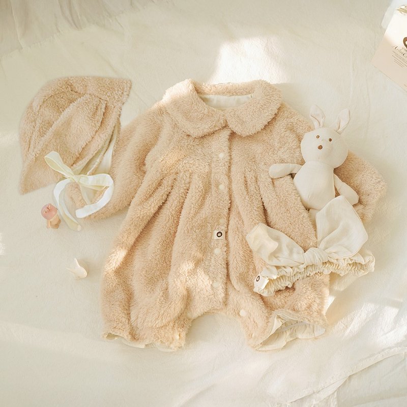 beige fur so cute winter baby bodysuit - 彌月禮盒 - 棉．麻 