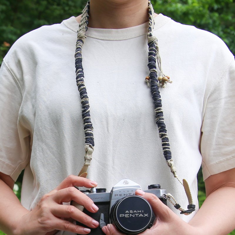 デニム裂き布麻紐ヘンプカメラストラップ/ベルトタイプ/lanyard/相機背帶 - 手機掛繩/背帶 - 棉．麻 藍色