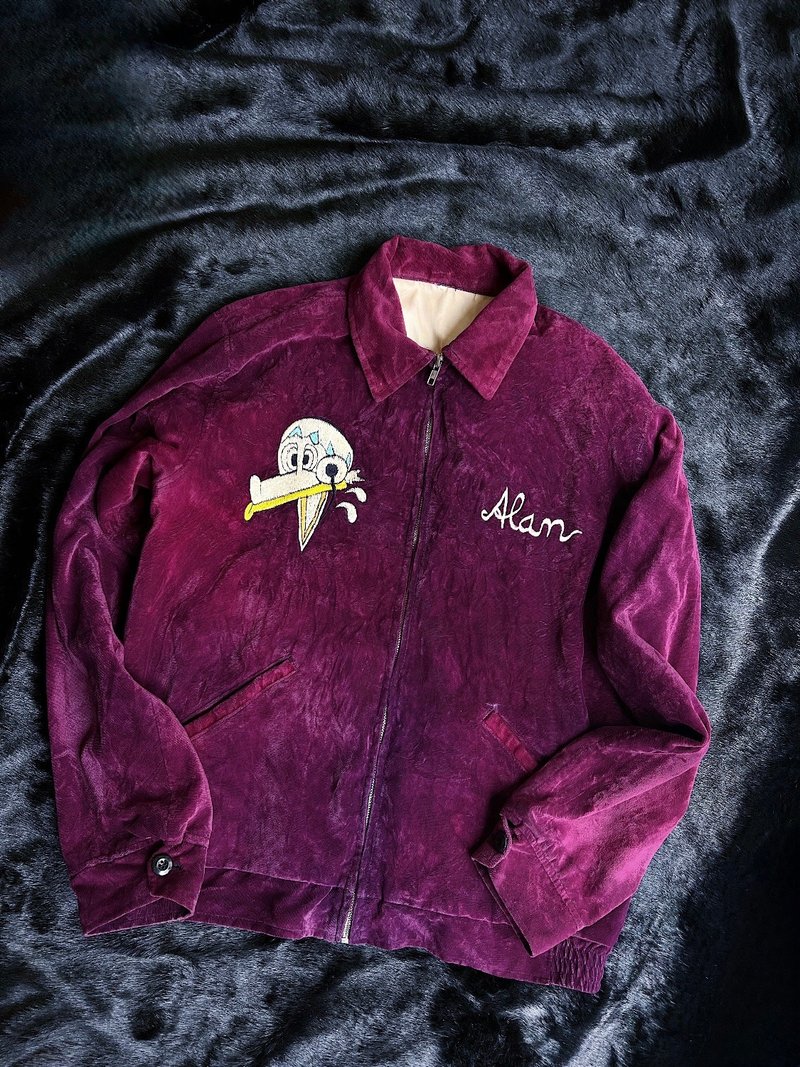 藏品釋出|1950s suka jacket藍紫色單面穿橫須賀刺繡夾克棒球外套 - 女大衣/外套 - 絲．絹 紫色