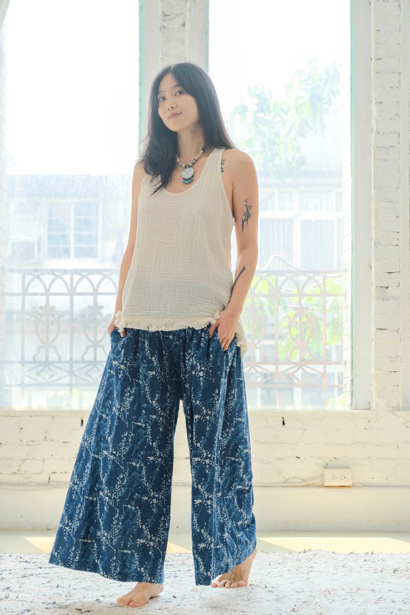 Shepherd's Purse Wide Pants - กางเกงขายาว - ผ้าฝ้าย/ผ้าลินิน สีน้ำเงิน