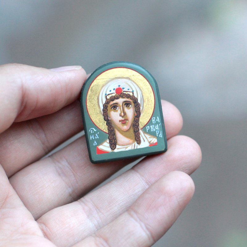 hand painted orthodox wood icon saint Holy Great Martyr Barbara - 其他 - 木頭 綠色