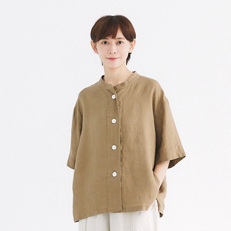 【Simply Yours】Linen short-sleeved shirt.Brown F - Women's Shirts - Cotton & Hemp Brown