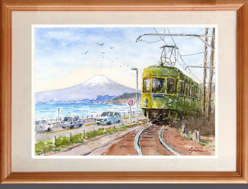 水彩画原画　富士山と江ノ電・湘南七里ガ浜 - 海報/掛畫/掛布 - 紙 藍色