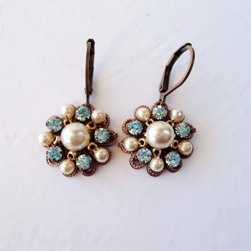 Aqua Blue Rhinestone Dangle Earrings with Pearls - Jewelry by mdmButiik - 耳環/耳夾/耳骨夾 - 玻璃 藍色