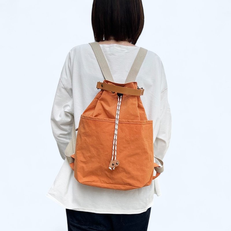 Small backpack, orange, KONBU, water-repellent nylon material, drawstring backpack, made to order - Backpacks - Nylon Orange