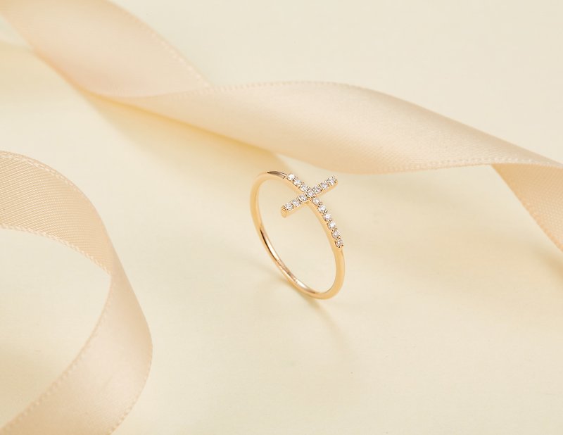 18k Yello Gold Cross Diamond Ring Band, Stacking Ring, Custom Jewelry, R036 - แหวนทั่วไป - เพชร สีใส